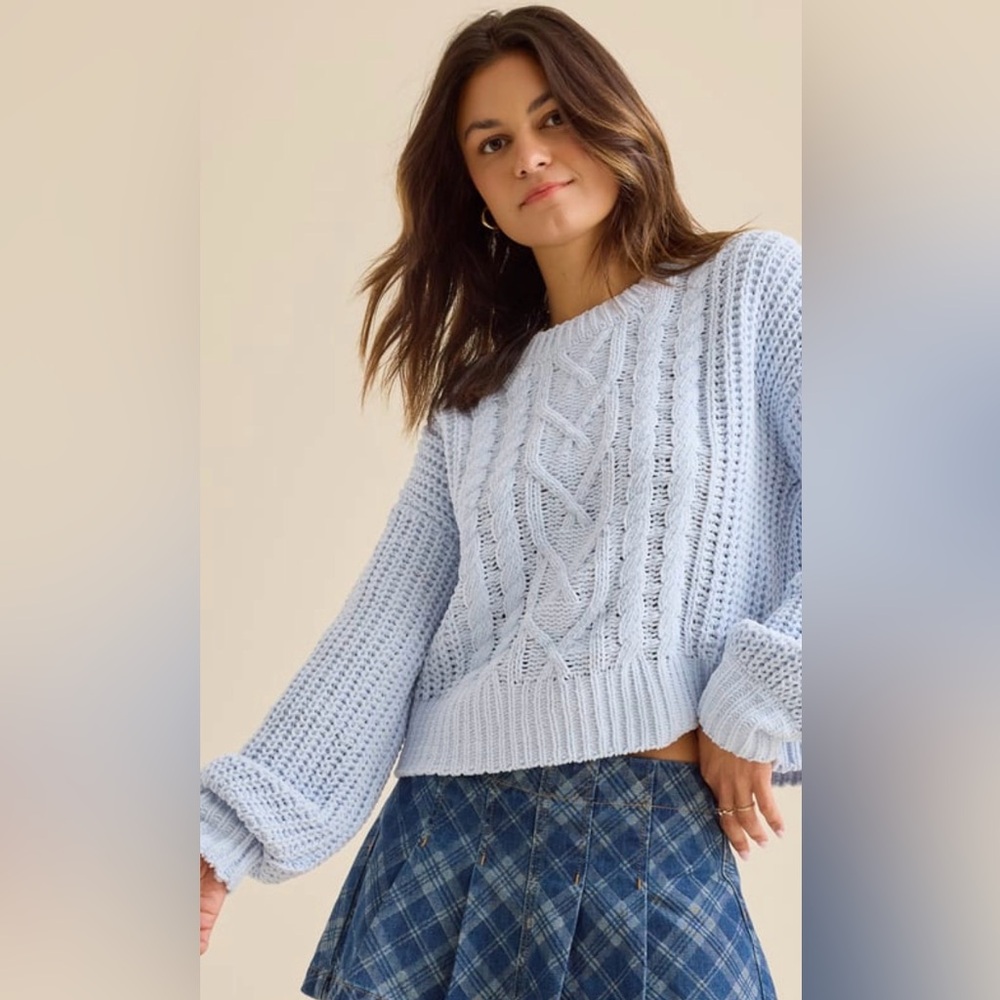 Altar'd State Light Blue Cable Knit Sweater Chenille Texture Lightweight Soft - Picture 2 of 10